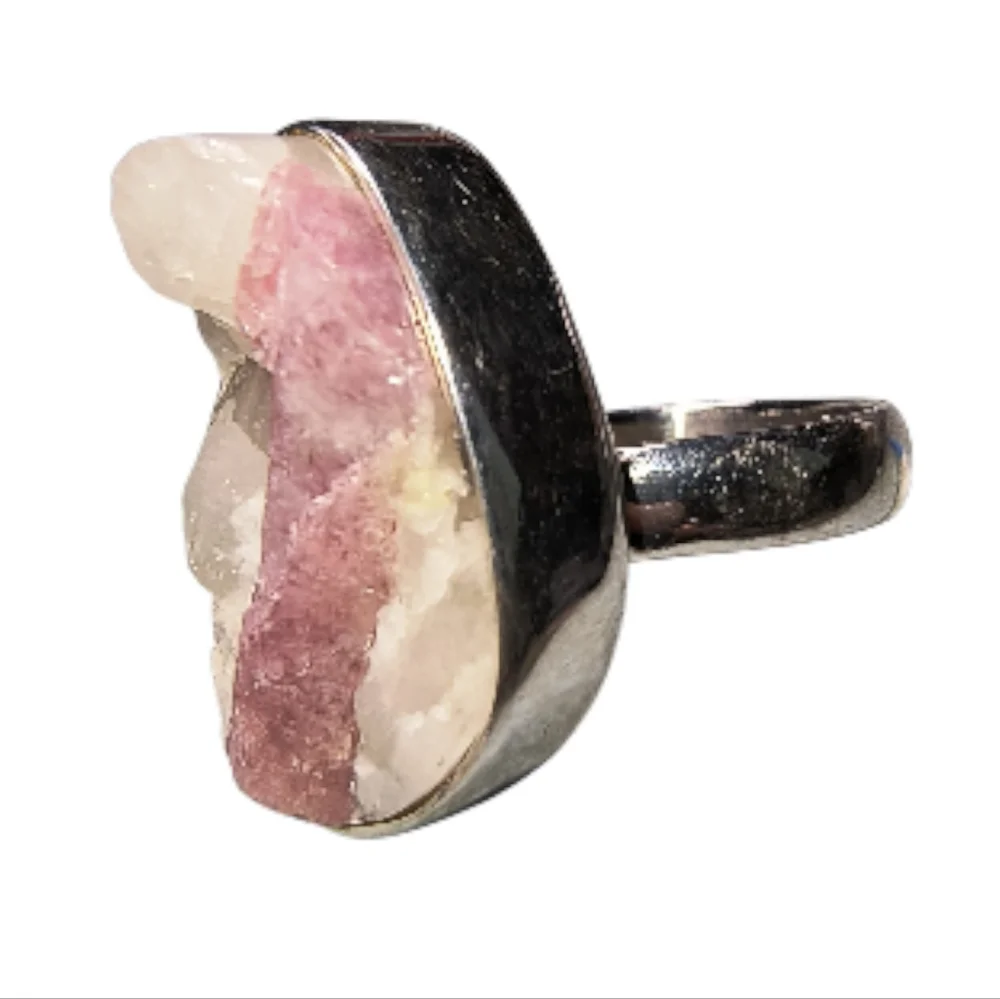 Sterling Silver Pink Tourmaline In Quartz Rough Crystal Ring